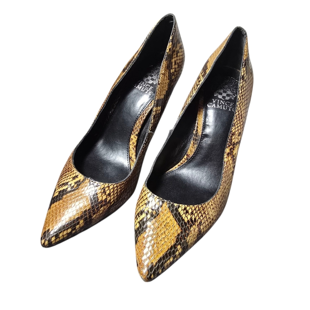 Vince Camuto Candera 9M Leather Brown Snake Print Chunky Triangle Heel NO BOX